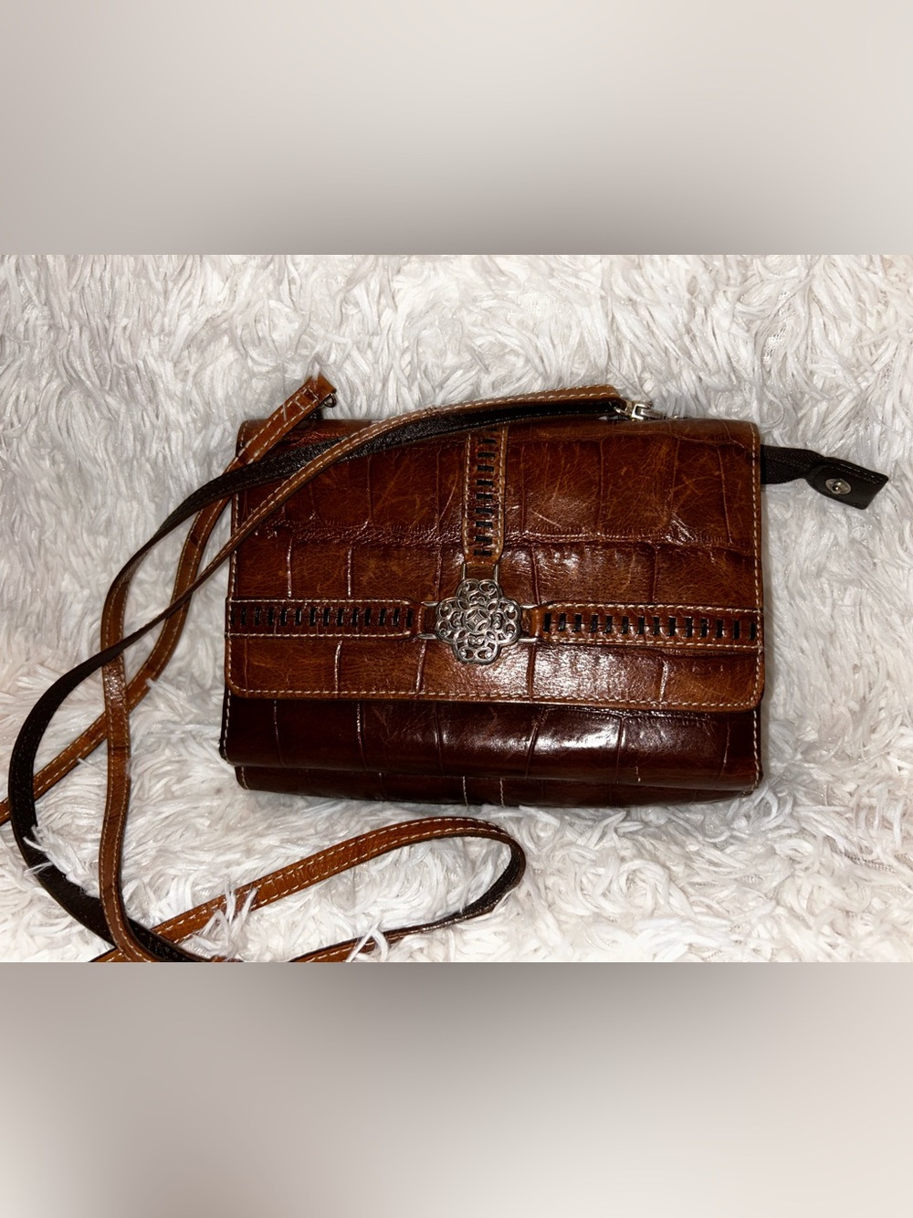 Brighton Brown Croc-Embossed Leather Crossbody with Silver Medallion